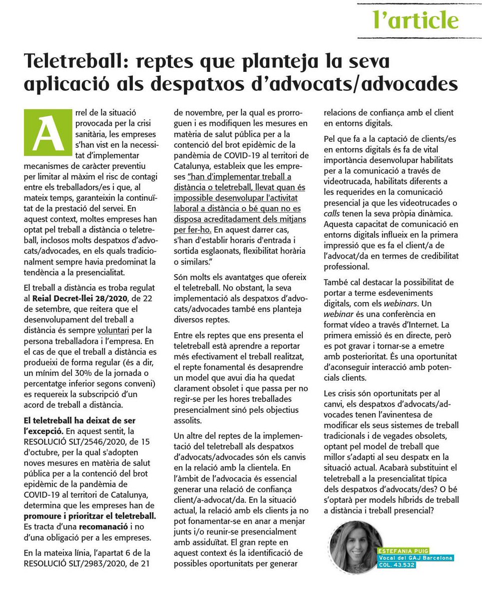 GAJBarcelona's tweet photo. Bon dia!

📰 Avui us recomanem el seguent article sobre els reptes del teletreball als despatxos d’advocats i advocades, publicat al Speaker del @GAJBarcelona per l’@EstefPuig, Vocal del Comité Executiu. 

Seguim! https://t.co/3yVQXYArxu