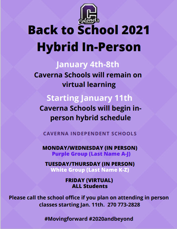 CavernaHigh's tweet photo. Caverna Schools will remain 100% virtual learning through Jan 8th.  We will start back on our in person hybrid schedule starting Jan. 11th.  Please call the office if you have questions.  270 773-2828 https://t.co/UP3tYkQkvd