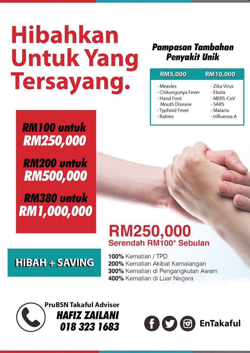 Dan last! Sesiapa yang masih belum mempunyai perlindungan Takaful, anda diminta utk lakukan SEGERA! Cadangan sebelum 25/12/2020 kerana “queue proposal” yang agak panjang. Dan juga utk mengelakkan perubahan harga atau proposal anda dibawa ke tahun hadapan. https://hi.jomwasap.my/PruHafiz&nbsp;