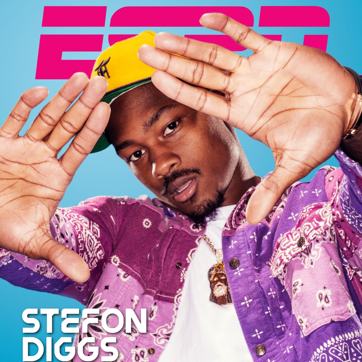 Stefon Diggs holds his hands together in this cover photo of ESPN the magazine