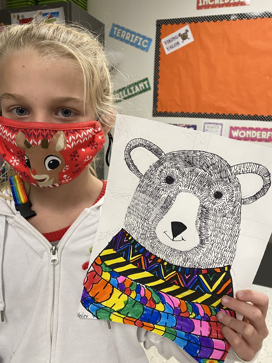 HVEArt's tweet photo. Bears in a sweater! @hughlettna #4thgrade Pen and ink, texture, pattern! 💖 #Lifeisgoodathve https://t.co/zeiTkFOqNQ