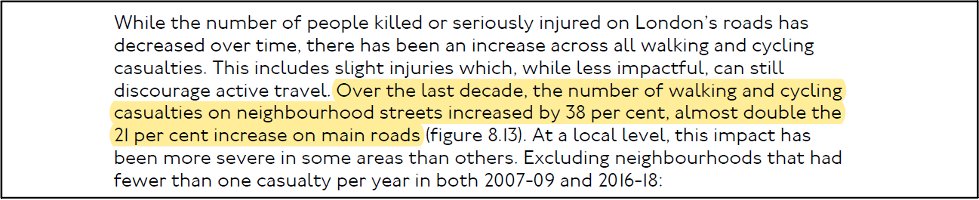 1/n. Just drawing a few themes together on  #RoadDanger on neighbourhood roads in  #London. From  @TfL's Travel in London 13 report (p205), casualties on neighbourhood streets have been increasing at a greater rate than on main roads.  http://content.tfl.gov.uk/travel-in-london-report-13.pdf #VisionZeroLDN