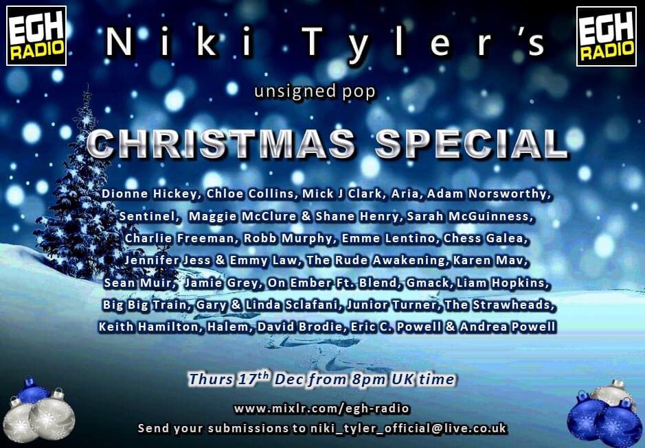 🎄Playing on my <a href="/EGHRadio/">EGH Radio</a> pop show Christmas Special tonight from 8pm UK time <a href="/DavidBrodie007/">David Brodie</a> <a href="/LostNoMoreBand/">Lost No More</a> @khami85000 <a href="/halemmusic/">HALEM</a>  <a href="/SarahMcGuinness/">Sarah McGuinness</a> <a href="/freemanroknroll/">FREEMAN</a> <a href="/TheRobbMurphy/">Robb Murphy</a> 🎄