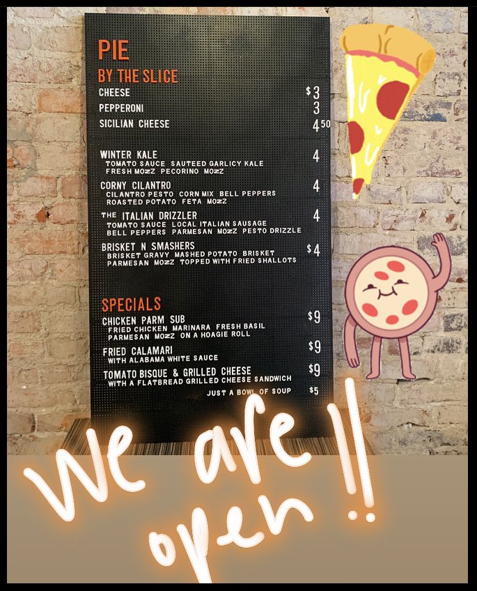 piepushers's tweet photo. we are excited to be OPEN and pushin pies!! check out the NEW slices & specials too! #ChickenParmSub #FriedCalamari #TomatoBisqueANDgrilledcheese #WinterKale #CornyCilantro #theItalianDrizzler #BrisketNSmashers https://t.co/yhcpLw0Emt