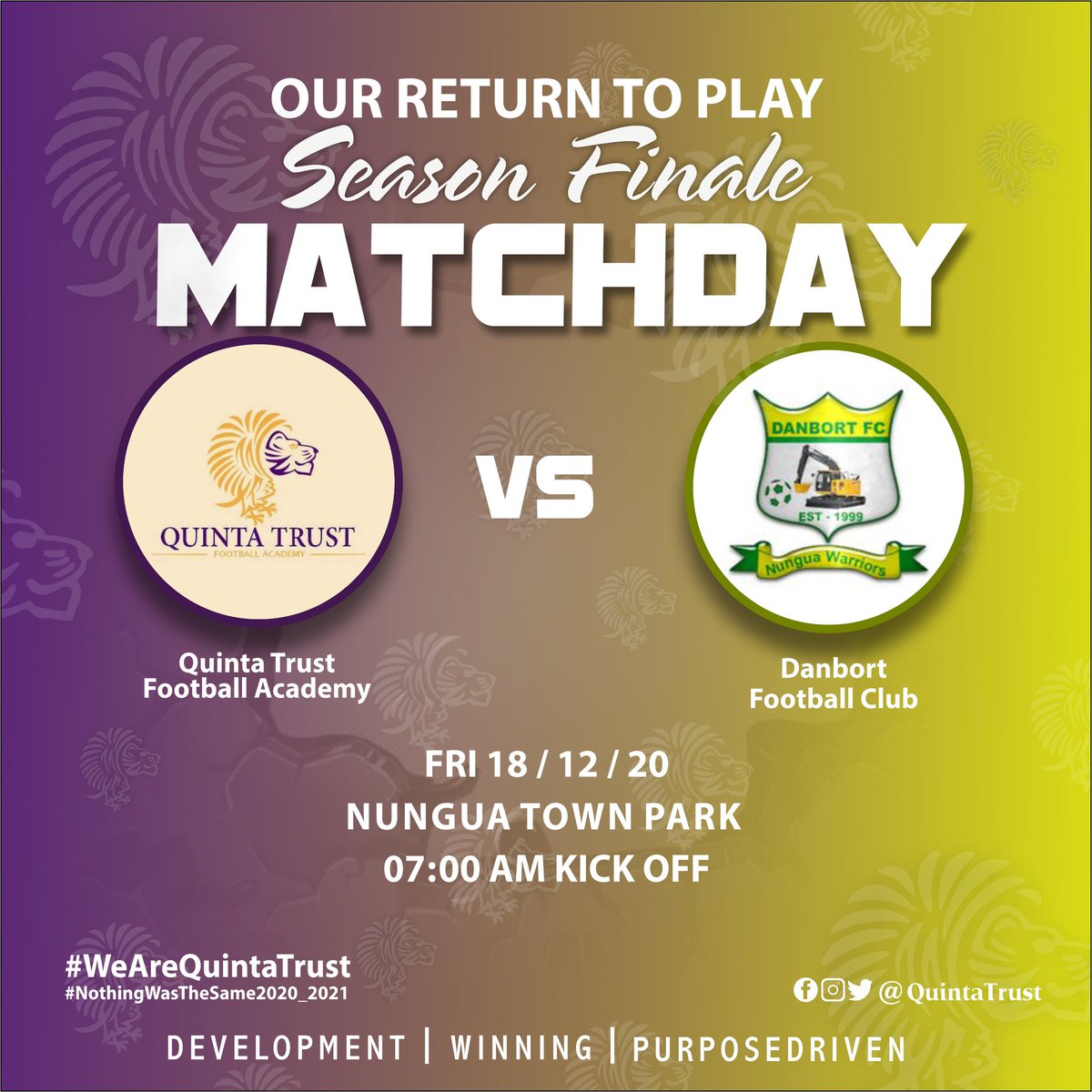 _QuintaTrust's tweet photo. The Last In a Series Of Matches Since We Returned. Our City Bosses Host Us On This One.
#Matchday✅
#LetsGoGriffin💜💛🖤🦁🦅
#NothingWasTheSame2020_2021 💯
#WeAreQuintaTrust ⚽️🔥🙏 https://t.co/qQHNbF6UfZ