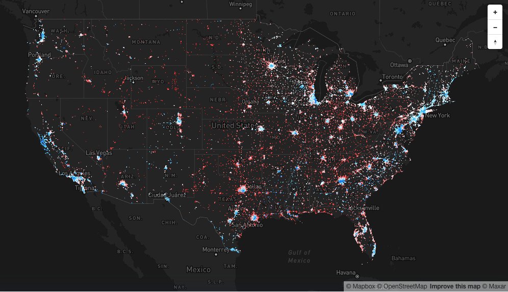 Mapbox's tweet photo. “There have been many attempts to correct maps for population size using dots, bubbles, and arrows, but the resulting maps are either highly abstract or lose important spatial information." Explore the winning project by @oballinger: https://t.co/v7KgAAsOzE #electionmapping https://t.co/r0ya68bEJz