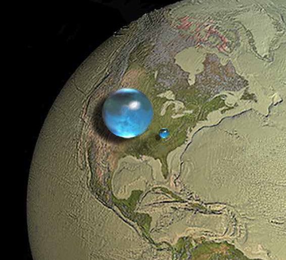 All the water on Earth condensed into a sphere (big blue dot) and just fresh water is the smaller sphere. #space