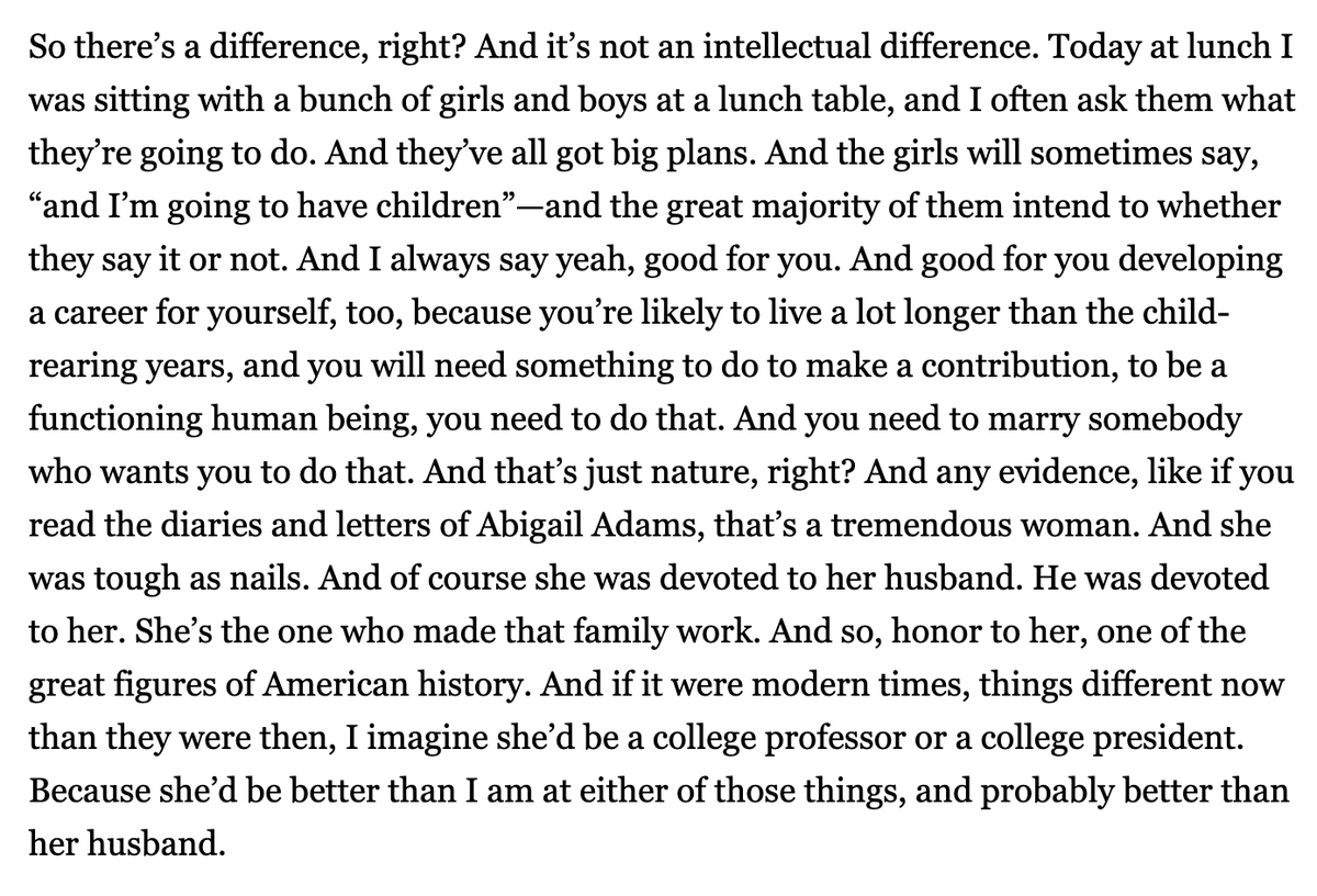 This last section really is quite fascinating, because the substantive move that Arnn is making here is calling for a kind of "liberated" republican motherhood -- which is *EXACTLY* the dominant vision of femininity on the Christian right, and has been for decades.
