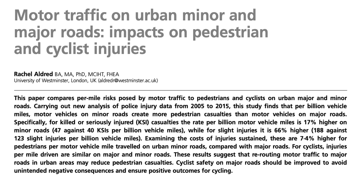 4/n. Research by  @RachelAldred ( http://bit.ly/38ewJut&nbsp;) shows that for killed or seriously injured (KSI) casualties the rate per billion motor vehicle miles is 17% higher on minor roads; for slight injuries it's 66% higher.