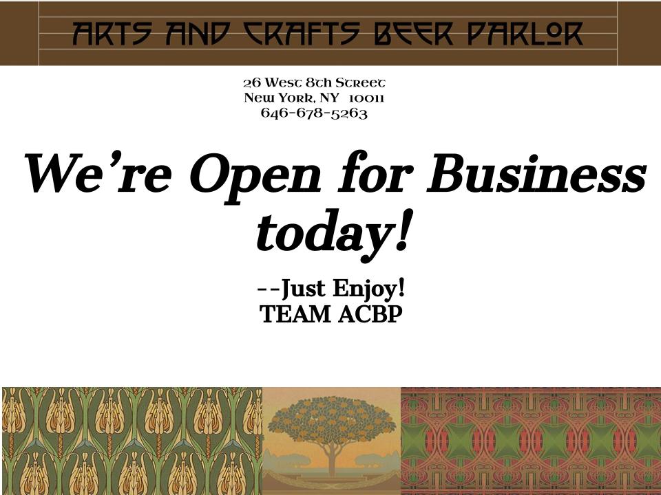 ACBeerNYC's tweet photo. Happy to say, we're reopening today for business as usual.
.
.
#Justenjoy #acbpnyc #craftbeer #greenwichvillage #nyc https://t.co/G1hpe54MzN