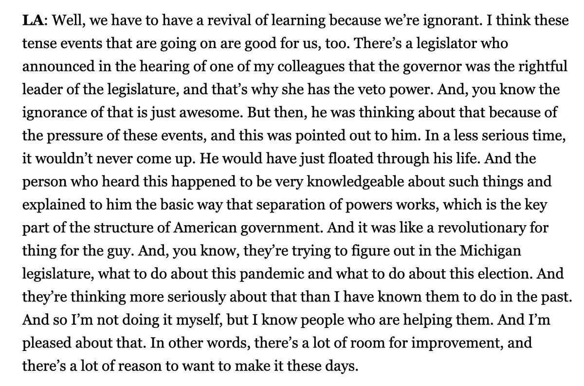 I'll end by noting it is remarkable that in Arnn's final comments -- where he touches on Michigan for the first time -- what sticks in his craw is not the armed takeover of the Capitol by militants but that someone incorrectly said the governor is the head of the legislature.