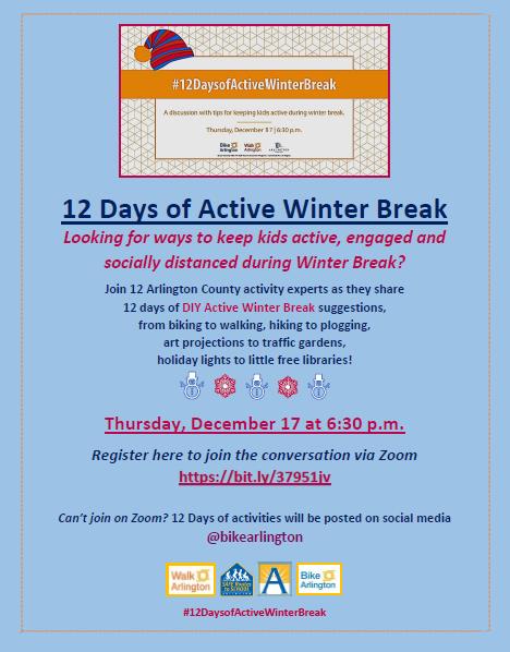 APSsaferoutes's tweet photo. ❄️It's @APSVirginia Winter-Break-Eve!❄️

Join us TONIGHT to kick off #12DaysofActiveWinterBreak!

Register at https://t.co/fx8Dzg9M6j for ideas from:

@WalkArlington

@BikeArlington
 
@KidicalMassARL
 
@EcoActionArl
 
@arlparksrec
 
@ArlingtonDES
 
@ARL_Arts
 
@ArlingtonVALib https://t.co/XYRB6YTaL1