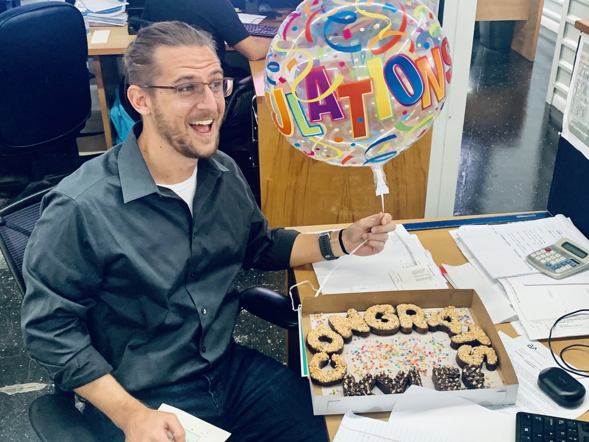BEAarchitects's tweet photo. #BEAArchitects surprised Project Manager Kyle Kincaid with a sweet gift to celebrate his recent accomplishment of obtaining his #architectural license! He joined the #BEATeam in 2015 and worked hard and steadily to reach this professional goal!  #Congrats Kyle! https://t.co/zXtVkWEvrT