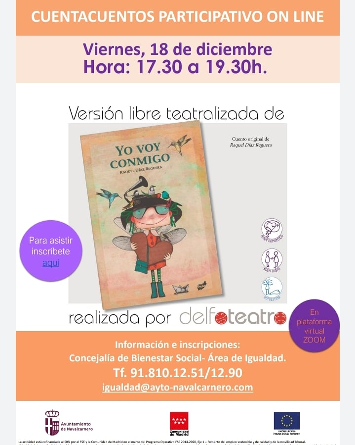 ¡Estás a tiempo de participar en este cuento! 
Inscríbete en el teléfono o dirección de correo que aparece en el cartel y recibirás un enlace para conectarte a través de Zoom. 
Planazo para empezar el fin de semana en familia y aprender jugando. Horario de 17.30 a 18.30