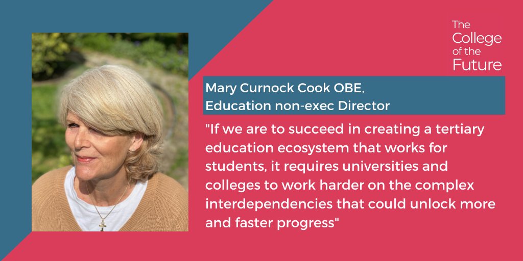 5/ Leading voices from across education contributed their thoughts on the  #CollegeoftheFuture, from  @MaryCurnockCook on collaboration with universities, to  @RealGeoffBarton on a shared responsibility with schools and  @SirBobKerslake on the civic agenda. https://www.collegecommission.co.uk/vision&nbsp;