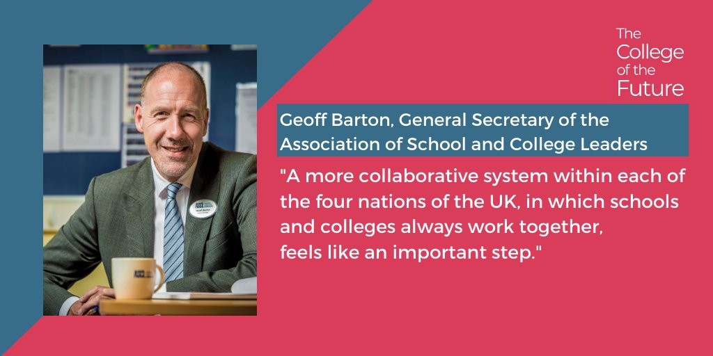 5/ Leading voices from across education contributed their thoughts on the  #CollegeoftheFuture, from  @MaryCurnockCook on collaboration with universities, to  @RealGeoffBarton on a shared responsibility with schools and  @SirBobKerslake on the civic agenda. https://www.collegecommission.co.uk/vision&nbsp;