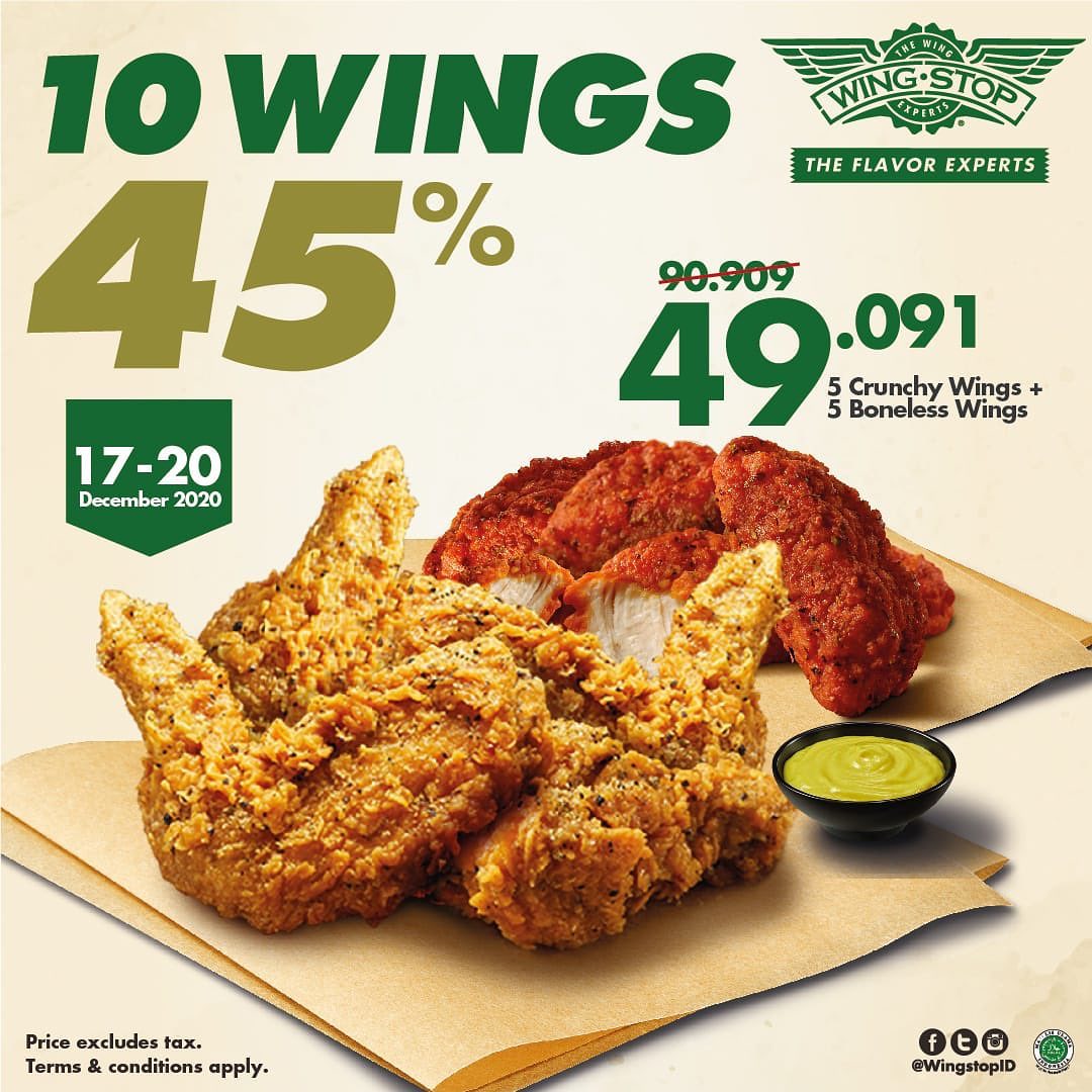 katalogpromosi's tweet photo. WINGSTOP Promo PAKET 10 Wings hanya Rp. 49ribu - Hemat hingga 45% berlaku tanggal 17-20 Desember 2020
Informasi dan ketentuan selengkapnya di sini > https://t.co/WkzL8WGGpR
#promowingstop #wingstop #infopromo #diskon #promo #weekend #promoweekend https://t.co/Y7CYNe8Q5H