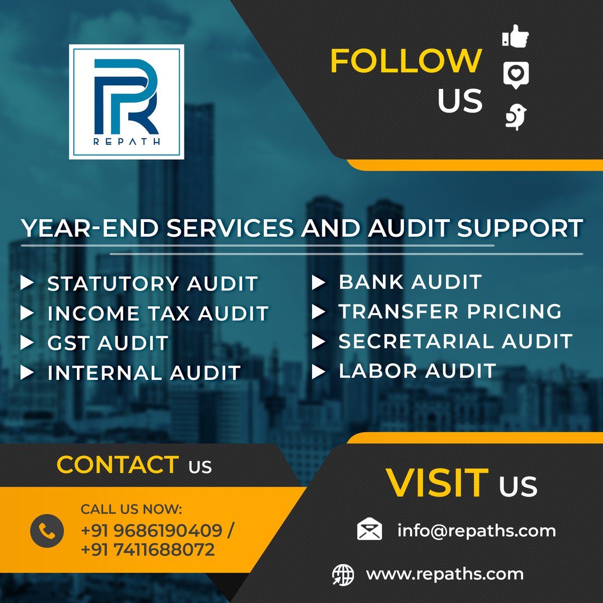 RepathL's tweet image. Are you looking for Year-End Services and Audit Support..?

Contact Us for more details
+91 9686190409
+91 7411688072

Visit Us: repaths.com

#gstaudit #statutoryaudit #accountants #labouraudit
#incomtaxaudit #internalaudit #secretarialaudit #bankaudit