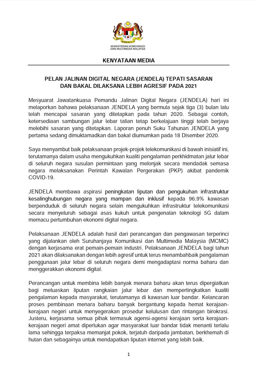 JPenerangan's tweet photo. [KENYATAAN MEDIA]

Pelan Jalinan Digital Negara (JENDELA) Tepati Sasaran &amp; Bakal Dilaksana Lebih Agresif Pada 2021.

Sumber: @kkmm_gov 

#JENDELA
#KKMM
#KomunikasiKita
#JabatanPenerangan https://t.co/D920w9wip3