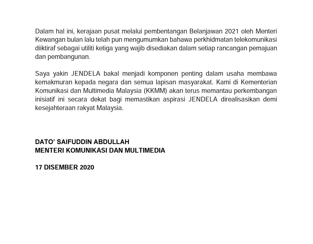 JPenerangan's tweet photo. [KENYATAAN MEDIA]

Pelan Jalinan Digital Negara (JENDELA) Tepati Sasaran &amp; Bakal Dilaksana Lebih Agresif Pada 2021.

Sumber: @kkmm_gov 

#JENDELA
#KKMM
#KomunikasiKita
#JabatanPenerangan https://t.co/D920w9wip3