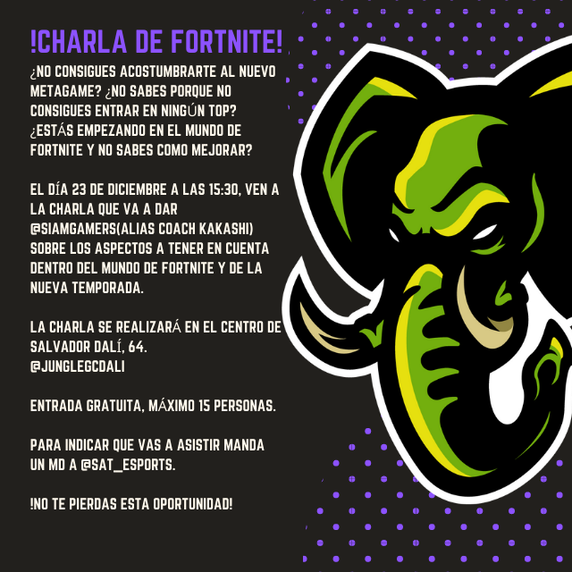 junglegamingesp's tweet photo. No te pierdas la charla presencial de #Fortnite del coach de @satesports en @junglegcdali 👾
Contacta por MD con @GamesSiam o @satesports para más información ℹ️
Plazas limitadas, día 23 de diciembre! 🚨 https://t.co/MQeF93kxDs