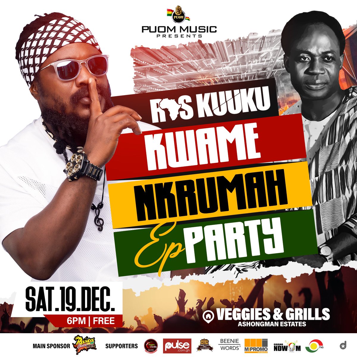 veggiesngrills's tweet image. Catch the award winning @raskuukupuom and the  whole  Puom crew at Veggies &amp;amp; Grills this Saturday for an electrifying show. This is the official Christmas starter party 🎉 #puommusic #veggiesandgrills #reggae #kwamenkrumah