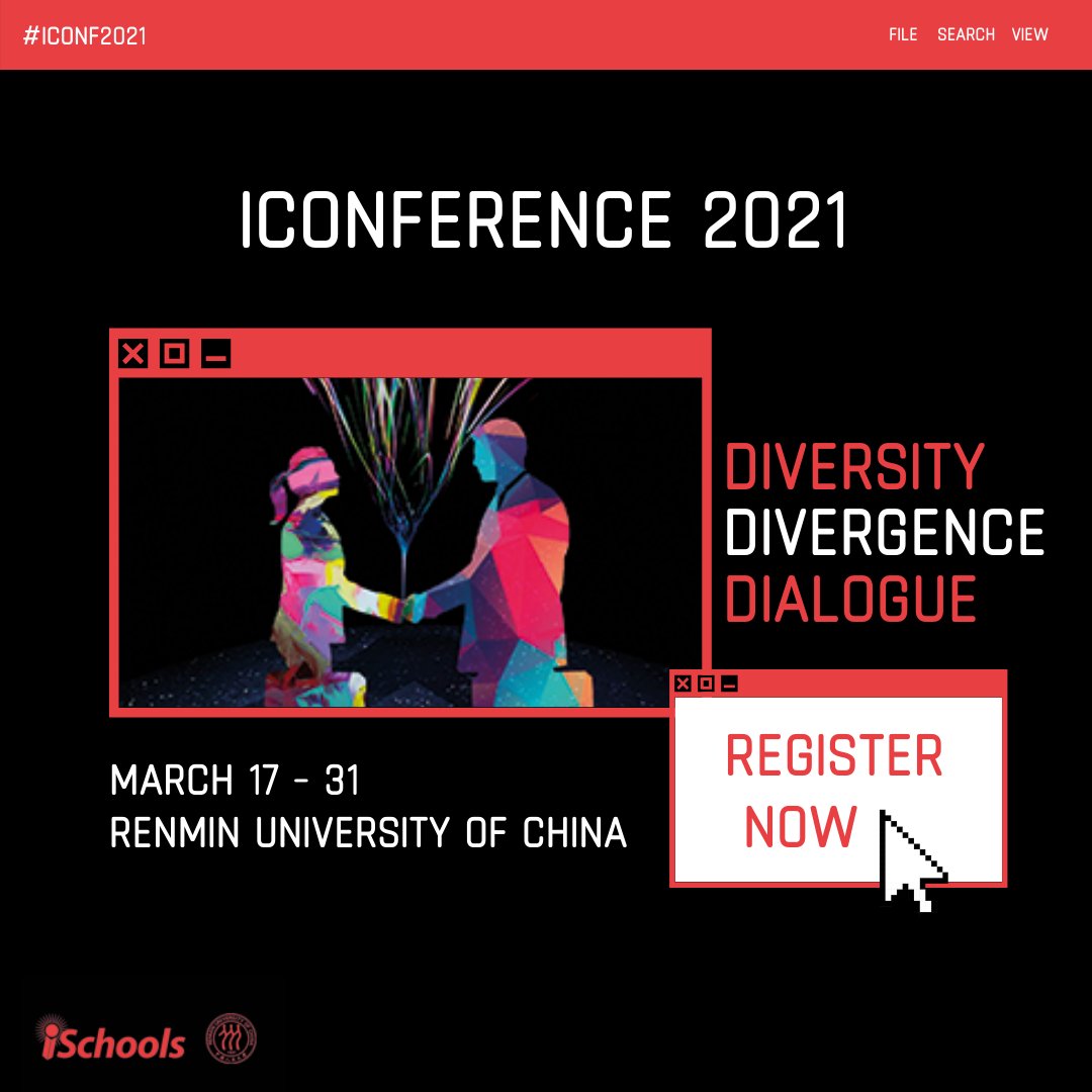 iconf's tweet photo. 🎉 REGISTRATION IS OFFICIALLY OPEN 🎉 
#iConf2021 will be a virtual event, with all sessions and presentations taking place online. This year’s theme is Diversity | Divergence | Dialogue. 

See more details at https://t.co/W21VVTBNgY.

📝Go to the link in our bio to register now! https://t.co/CWHSxG1qTy