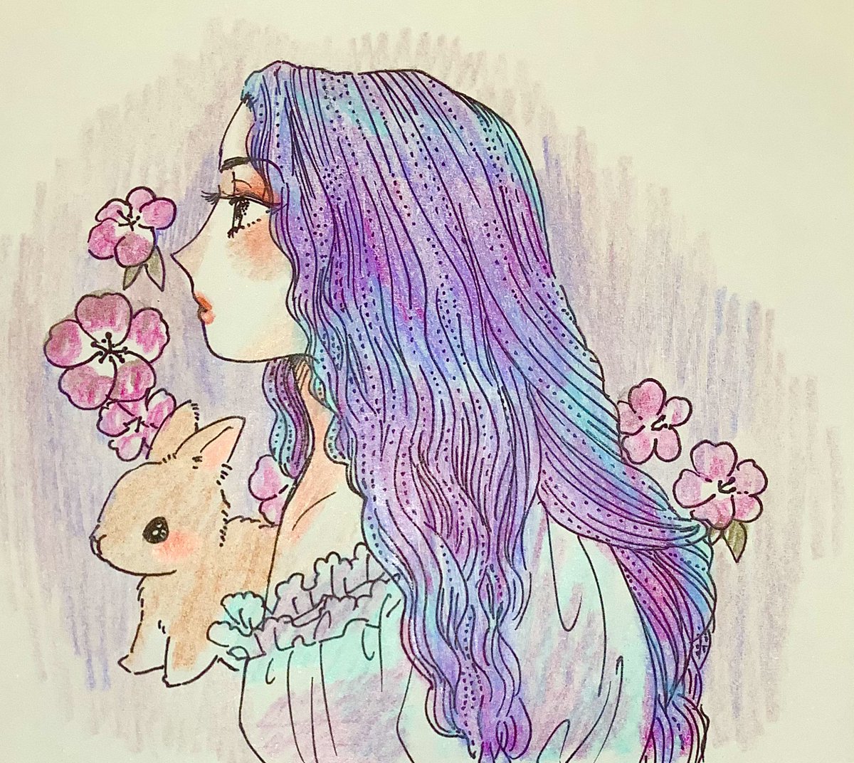 1girl flower pink flower long hair purple hair profile solo  illustration images