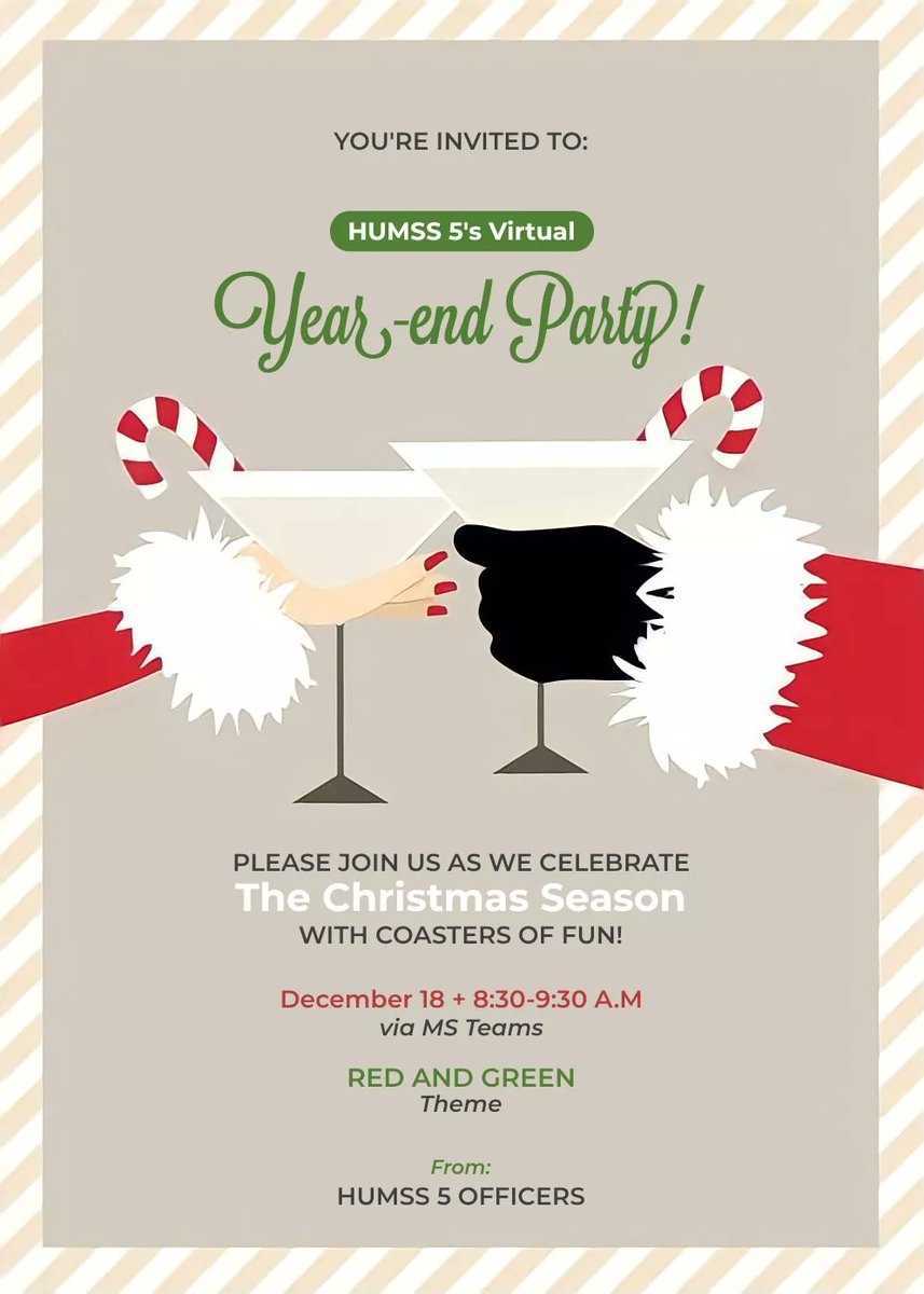 11HUM55's tweet photo. ‘Tis the season to be jolly as we celebrate this year’s Year-end party! 🥳

Calling all the attention of all 11 HUMSS 5! Let us all have fun and cherish this moment.

Get your best green/red outfit to celebrate our very own Year-end party @ 8:00 AM via MS Teams. See y’all tom! https://t.co/49PgXq7CzF