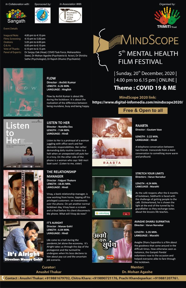 SangathIndia's tweet photo. Please join us for the 5th Mental Health Film Festival on Sunday, 20th December 2020. You can join the festival here:
https://t.co/OdWDjeUTEv
#mindscope #filmfestival #Mentalhealth https://t.co/52nhxwQBb8