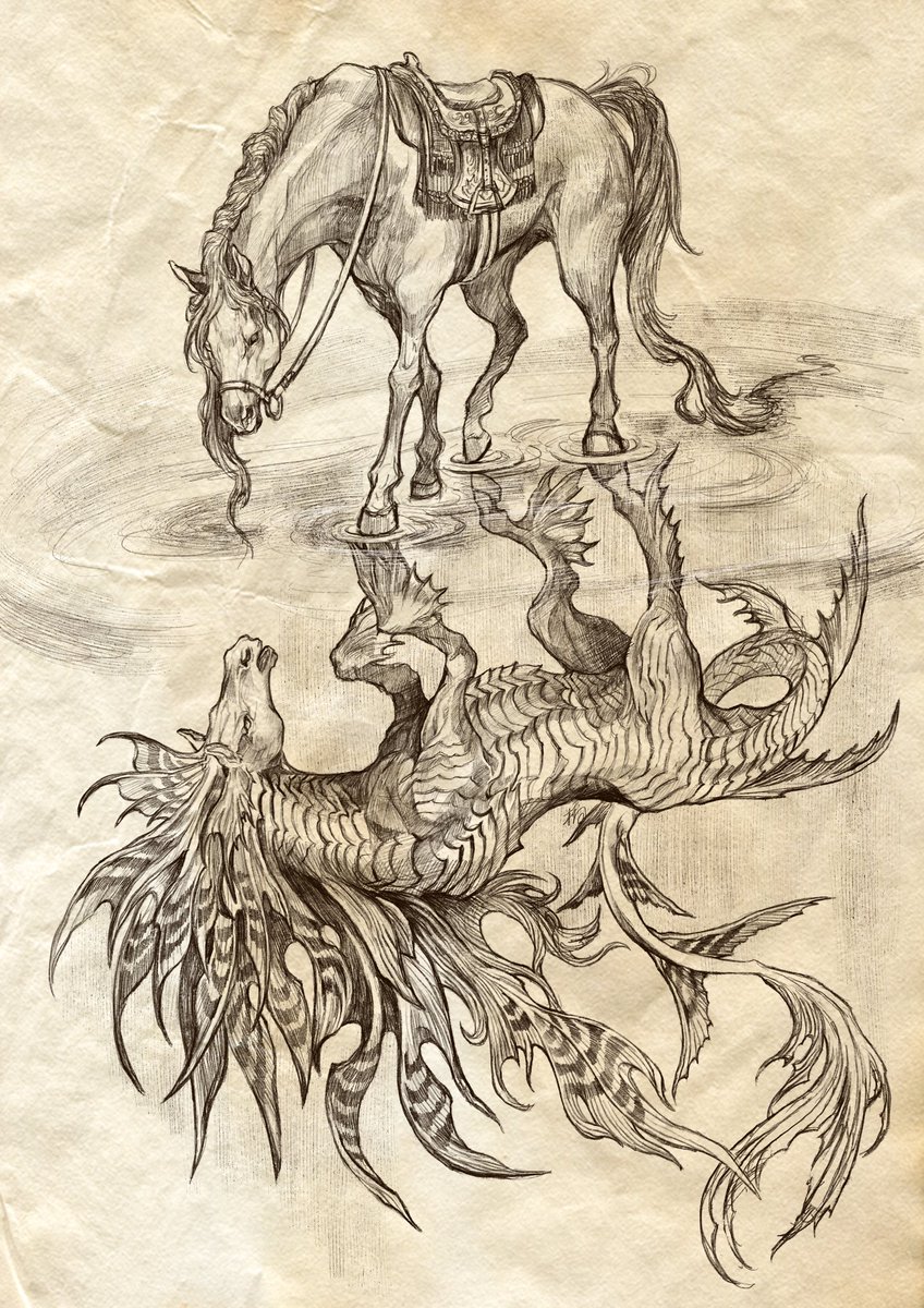 ケルピーは水棲の魔物で、水面に鞍を付けた立派な白馬の姿で現れる。その姿に誘われて人間が騎乗すると、水中で本性を現し襲いかかってくるそうな。 