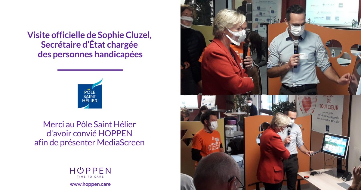 Hoppen_Care's tweet photo. Nous sommes fiers d'avoir eu la chance de présenter notre solution #MediaScreen à @s_cluzel, secrétaire d’état chargée des personnes handicapées au @HelierPole lors de sa visite officielle
Merci au @HelierPole d'avoir convié #HOPPEN à cette démonstration https://t.co/UnfdNG0bRC https://t.co/ycx8VNkp6o