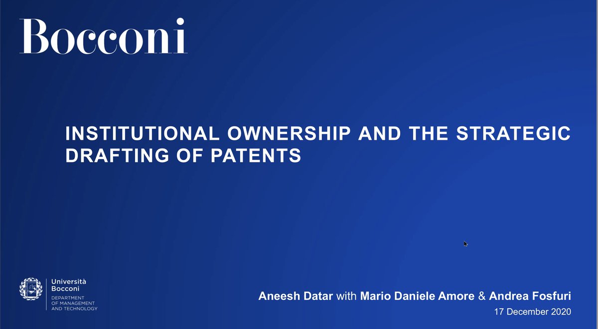 Cris_Rjn's tweet image. Do patents clearly describe the underlying invention? Not necessarily. Analyzing patent texts, Aneesh Datar (@unibocconi) and co-authors find that firms with institutional ownership file more transparent patents. #RISE3workshop