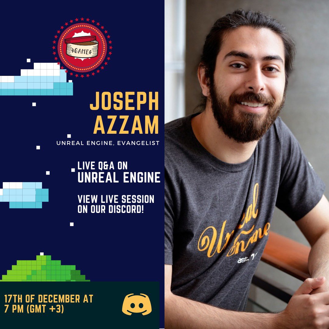 BahrainGameJam's tweet photo. Join us today at 7 PM (+3 GMT) on our Discord channel for a live Q&amp;A session with Joseph Azzam! You can find our Discord link here: https://t.co/UHSIUENsa9 https://t.co/I2YWwzYxf0