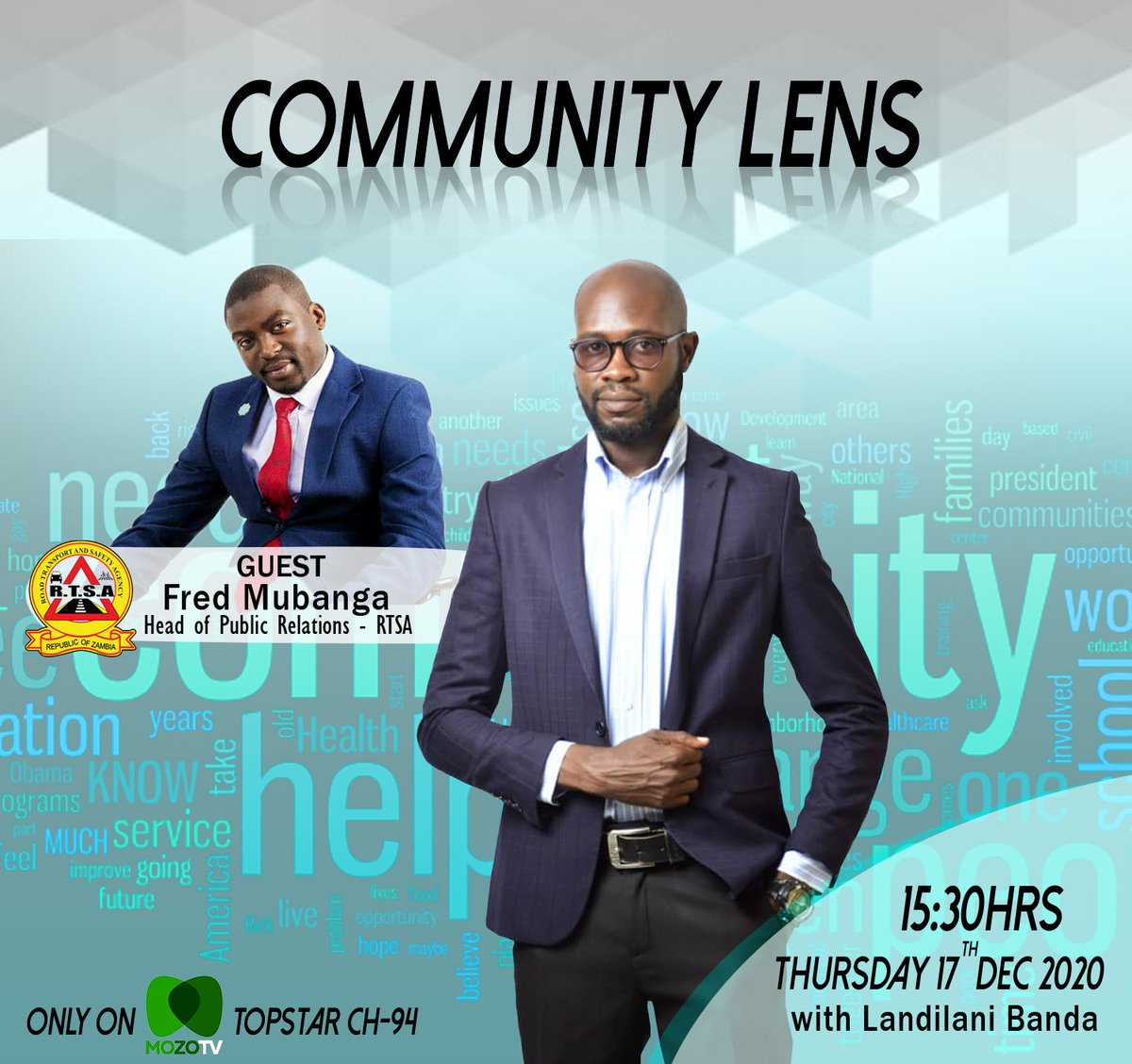 MozoTVAfrica's tweet photo. What questions would you want answered by the Road Transport &amp; Safety Agency #RTSA? Post your concerns here and join us on #CommunityLens at 15:30hrs today as we discuss them. Only on #MozoTV channel 94, TopStar.
#MozoTvIsHere #ARefreshingExperience #CurrentlyInLusaka https://t.co/AhCrtQe0Q9