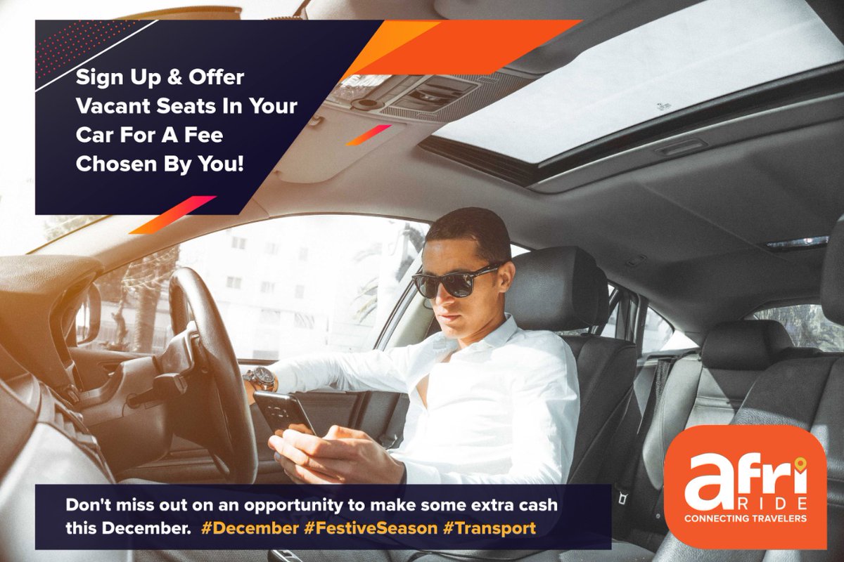 AfriRide's tweet photo. Don't miss out on an opportunity to make some extra cash this December. Sign your vehicle up on Afri Ride and start offering vacant seats in your car for a fee chosen by you! #December #FestiveSeason #Transport https://t.co/RBkBck7wz4 https://t.co/OwY3hETDmt