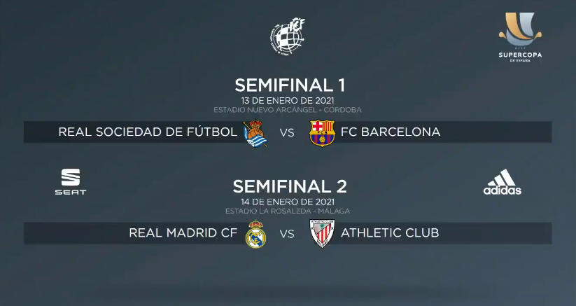 🔴 OFICIAL | Así quedan las semifinales de la Supercopa de España:

<a href="/RealSociedad/">Real Sociedad Fútbol</a> 🆚 <a href="/FCBarcelona/">FC Barcelona</a> 

<a href="/realmadrid/">Real Madrid C.F.</a> 🆚 <a href="/AthleticClub/">Athletic Club</a> 

Nos vemos a las 15:12 en #JUGONES.