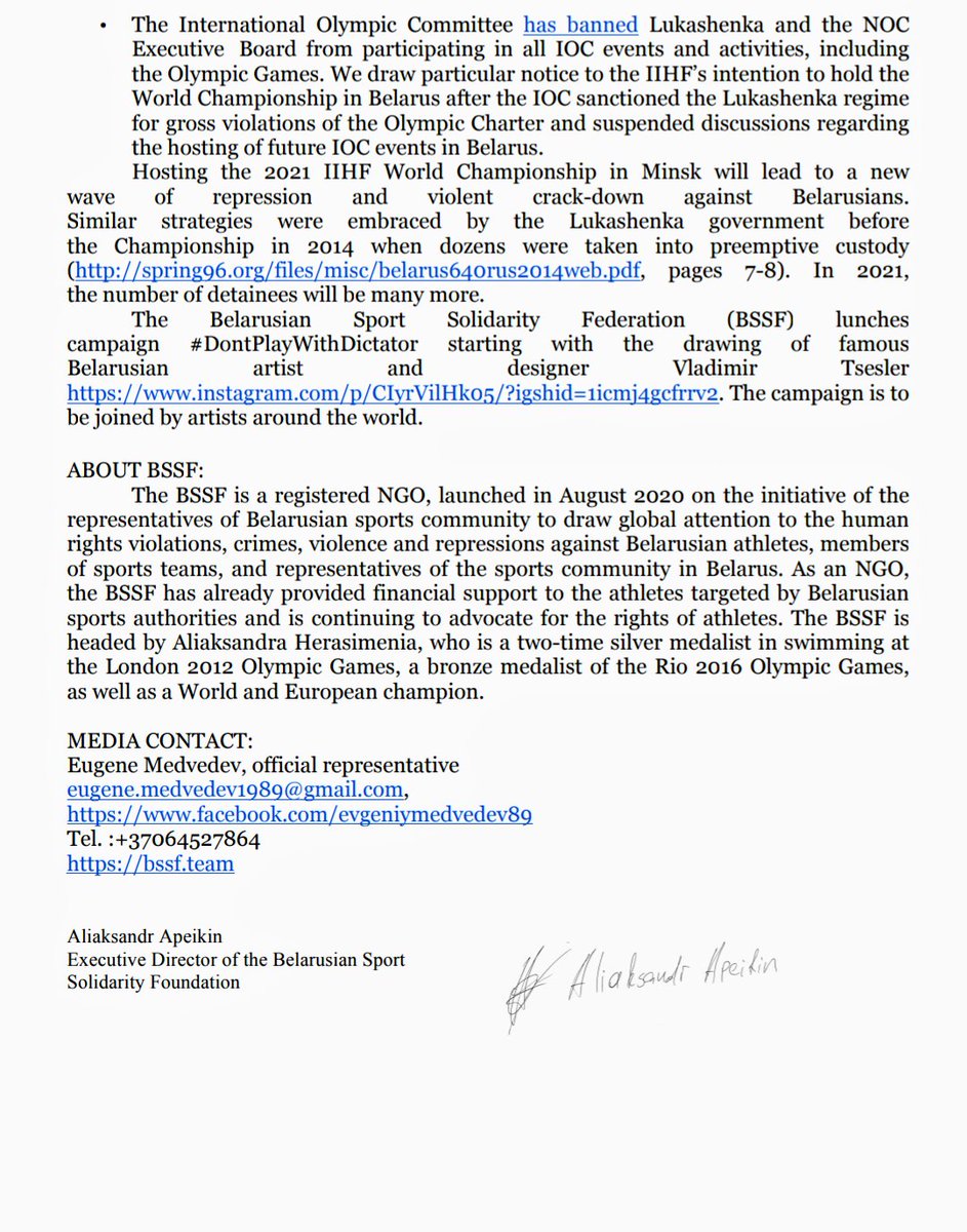 Thank you to all media representatives joining us. The bulletpoints are:
▪️We addressed our concerns &amp; presented evidence to <a href="/IIHFHockey/">IIHF</a> many times - no response on their side
▪️We keep advocating for the cancellation of the 2021 IIHF WC in Minsk
▪️We'll address sponsors