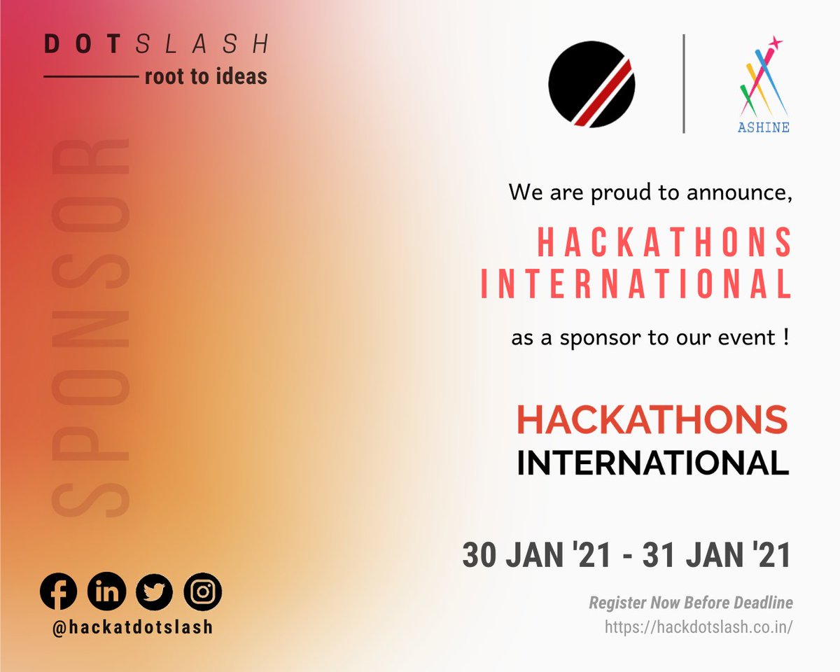 hackatdotslash's tweet photo. We are pleased to announce Hackathons International as a sponsor for DotSlash 4.0!

Hackathons International is a company that provides a platform for innovators and learners to grow by felicitating them in various aspects of a Hackathon.
#hackatdotslash #svnit #hackathon https://t.co/7Lg3ngBO4G