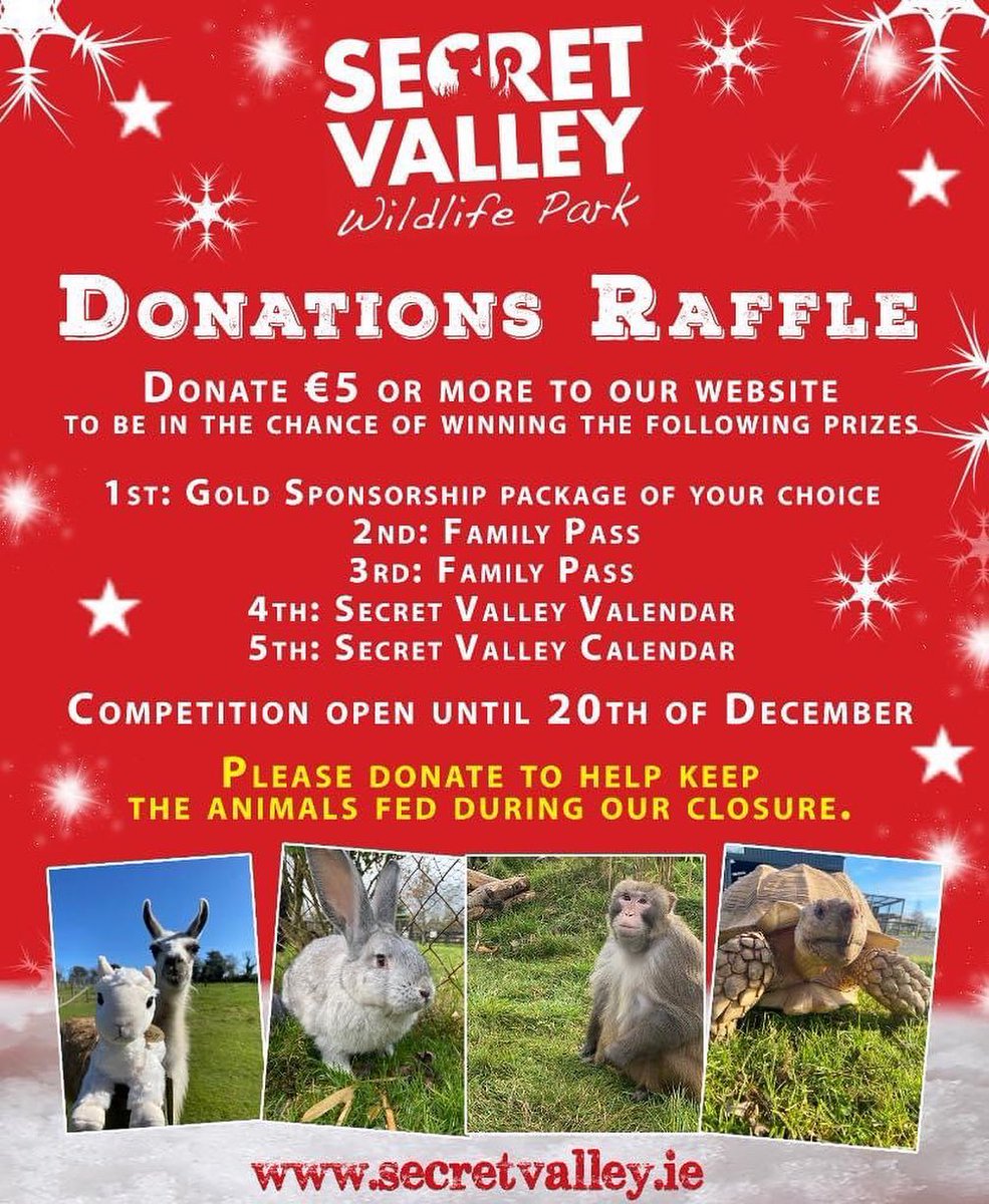 Thank you so much to everyone who has already donated 🥰
Some great prizes up for grabs while helping our animals at the park 🤩
secretvalley.ie #Wexford #VisitWexford