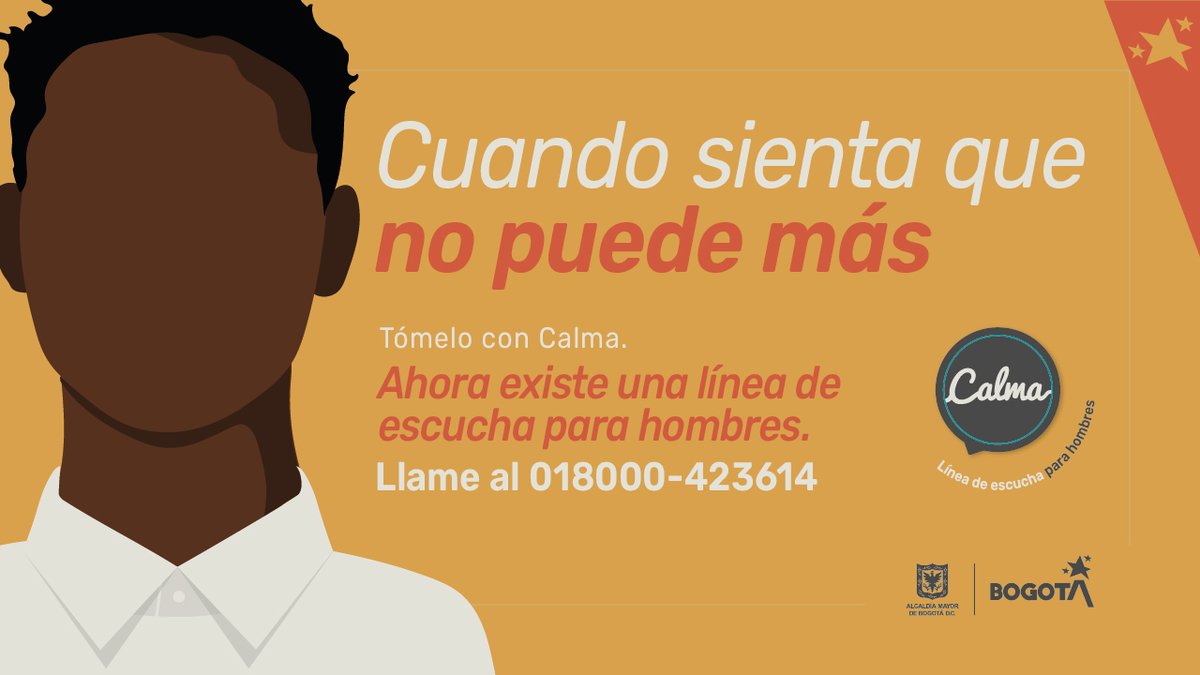 Bogota's tweet photo. Todos, en algún momento, hemos sentido que nos encontramos en un callejón sin salida, ¡no estás solo! Comunícate a la línea gratuita 018000423614 y #ConvérsaloConCalma, la nueva línea de atención especializada para hombres. Conoce más en: https://t.co/QsKsm2HuKo https://t.co/DqvvyYJ1uL