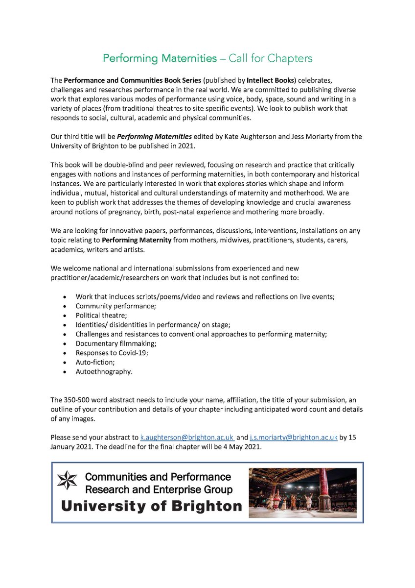 Performing Maternities (@pmaternities) on Twitter photo Looking for stories of #motherhood! Performing #maternities book #callforchapters - deadline 15 January 2021.
<a href="/Uni_English/">Brighton Uni English</a> <a href="/jessmoriarty1/">jess moriarty</a> Looking for stories of #motherhood! Performing #maternities book #callforchapters - deadline 15 January 2021.
<a href="/Uni_English/">Brighton Uni English</a> <a href="/jessmoriarty1/">jess moriarty</a>