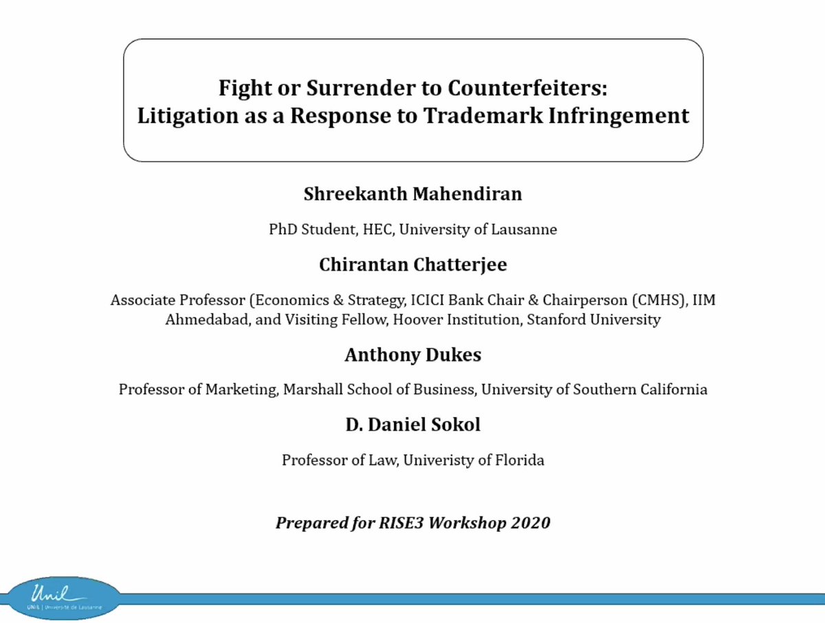 Cris_Rjn's tweet image. Next up: @kivboone (@heclausanne) and co-authors study whether toughness in trademark enforcement deters entry of counterfeiting firms. Followed by a discussion from @CherLi_econ! #RISE3workshop