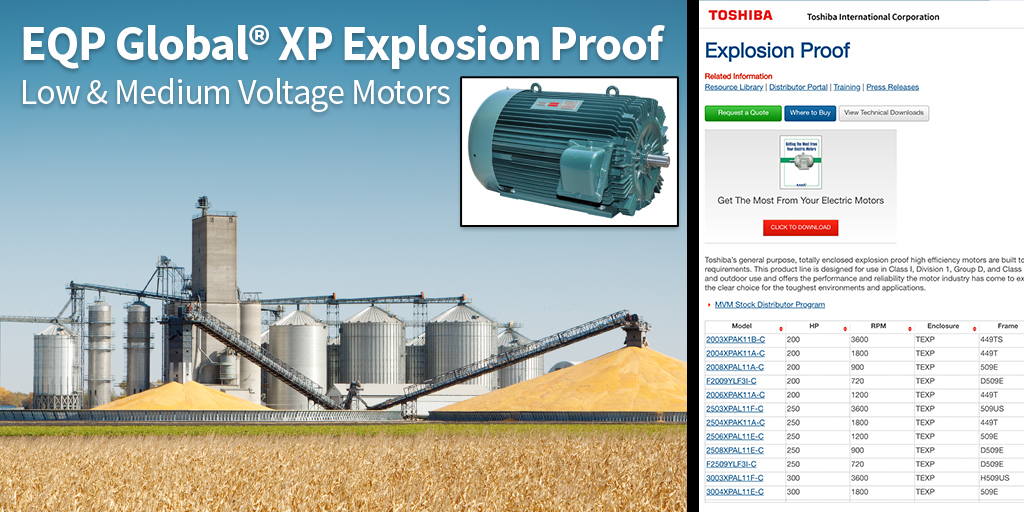 MadeByTOSHIBA's tweet photo. The EQP Global® XP Explosion Proof motor is ideal for indoor/outdoor use making the Explosion Proof Motor the clear choice for the toughest environments and applications.
Check out or LV &amp; MV offerings:
https://t.co/zCmRTHl7lf 

#Toshiba #TIChouston #agribusiness #refineries https://t.co/9PUVE9dRhC