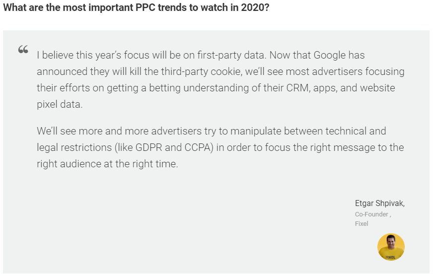 Fixel's CEO <a href="/Etgar/">Etgar Shpivak</a> mentioned by <a href="/owox/">OWOX</a> as a Top PPC Expert to follow and shares his thoughts on the challenges PPC pros are facing (Apple/FB feud anyone?)

owox.com/blog/articles/…