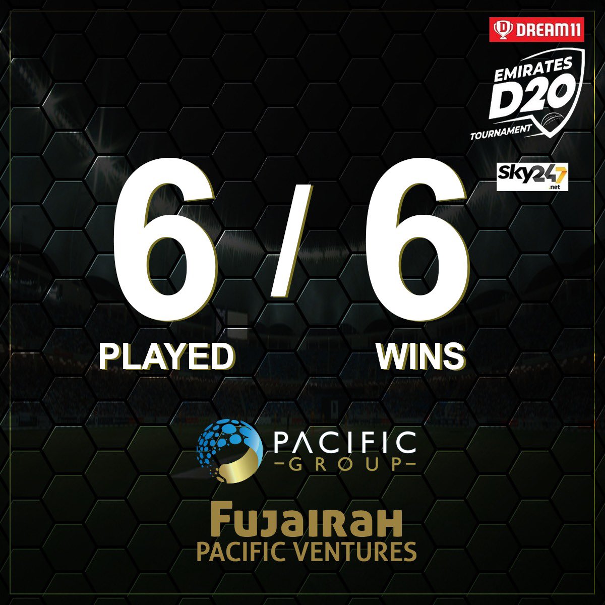 FujairahPacific's tweet photo. 6️⃣ wins in 6️⃣ games! #FujairahPacific unbeaten run continues in the #EmiratesD20 tournament! ✅✅✅✅✅✅ @Dream11 @EmiratesCricket @PacificDubai https://t.co/fsYa2hXOgj