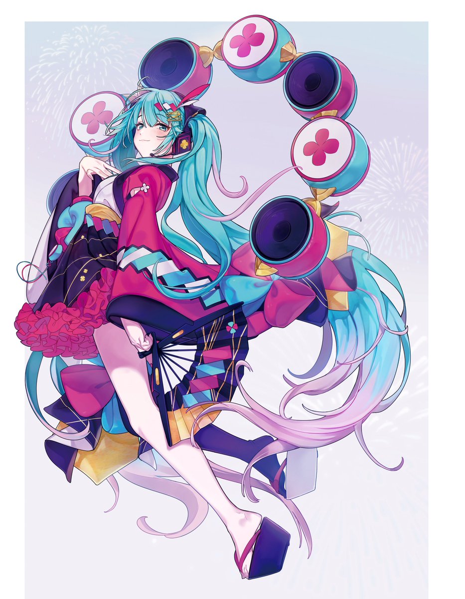 hatsune miku ,magical mirai miku 1girl holding fan solo twintails long hair hand fan japanese clothes  illustration images
