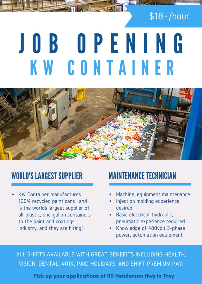 sealaworks's tweet photo. Help save the planet one plastic 100% recycled paint can at the time! #AndGetPaidWellForDoingIt #KWPlastics #NowHiring #MaintenanceTechnician #TroyAlabama #18DollarsAnHour https://t.co/NAQCOiAsdB