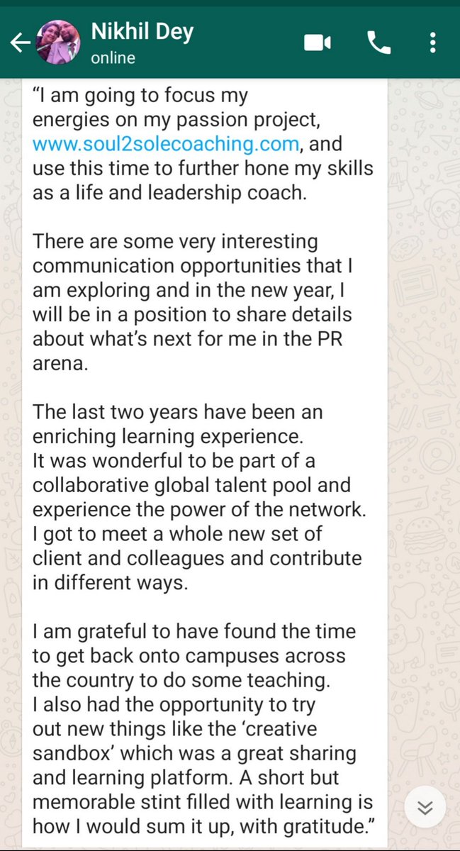 amithpr's tweet photo. Big news from PR consulting. 
Nikhil Dey to move on from Weber Shandwick India where he was Vice Chair since Feb 2019. All the best! 

Produced below is the message he just shared on Whatsapp. https://t.co/0h41ciZ1nj