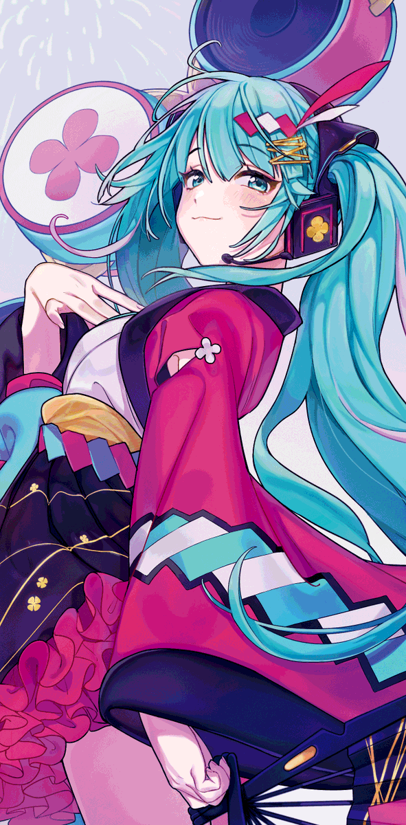 hatsune miku ,magical mirai miku 1girl holding fan solo twintails long hair hand fan japanese clothes  illustration images